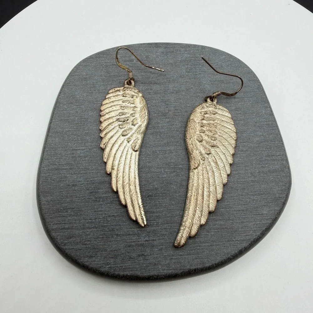 Gold Tone Angel Wing Feather Long Dangle Drop Earrings Boho Statement Jewelry